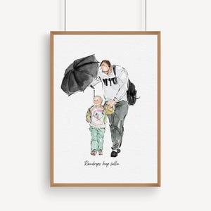 K&ouml;nnte beinhalten: Aquarelldruck eines Elternteils und eines Kindes, die unter einem schwarzen Regenschirm gehen. Der Elternteil tr&auml;gt einen wei&szlig;en Pullover mit "NYC" darauf. Das Kind tr&auml;gt ein T-Shirt und einen Rucksack. Der Text "Raindrops keep fallin" steht unten.