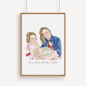 K&ouml;nnte beinhalten: Aquarellportr&auml;t in einem Holzrahmen. Das Kunstwerk zeigt eine Mutter mit zwei Kindern. Die Mutter tr&auml;gt eine blaue Jacke und ein rotes Oberteil und h&auml;lt ein Baby in einer gr&uuml;nen Decke. Das andere Kind tr&auml;gt ein rosa Kleid. Der Text lautet: "You are the love that holds us together."
