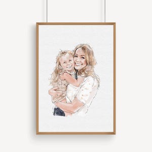 K&ouml;nnte beinhalten: Gerahmtes Aquarellportr&auml;t einer Mutter und eines Kindes, die sich umarmen. Die Mutter mit blondem Haar l&auml;chelt, w&auml;hrend sie das Kind h&auml;lt, das ebenfalls l&auml;chelt. Das Kunstwerk befindet sich in einem Holzrahmen und h&auml;ngt vor einem wei&szlig;en Hintergrund.
