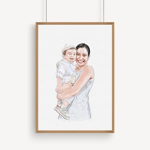 K&ouml;nnte beinhalten: Gerahmtes Aquarellportr&auml;t einer Frau, die ein kleines Kind h&auml;lt. Die Frau l&auml;chelt, und das Kind tr&auml;gt ein wei&szlig;es Hemd, eine beige Hose und eine Kappe. Das Kunstwerk befindet sich in einem Holzrahmen und h&auml;ngt vor einem wei&szlig;en Hintergrund.
