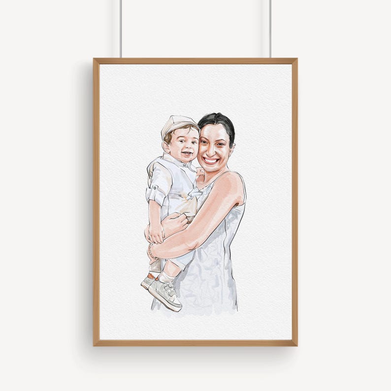 K&ouml;nnte beinhalten: Gerahmtes Aquarellportr&auml;t einer Frau, die ein kleines Kind h&auml;lt. Die Frau l&auml;chelt, und das Kind tr&auml;gt ein wei&szlig;es Hemd, eine beige Hose und eine Kappe. Das Kunstwerk befindet sich in einem Holzrahmen und h&auml;ngt vor einem wei&szlig;en Hintergrund.