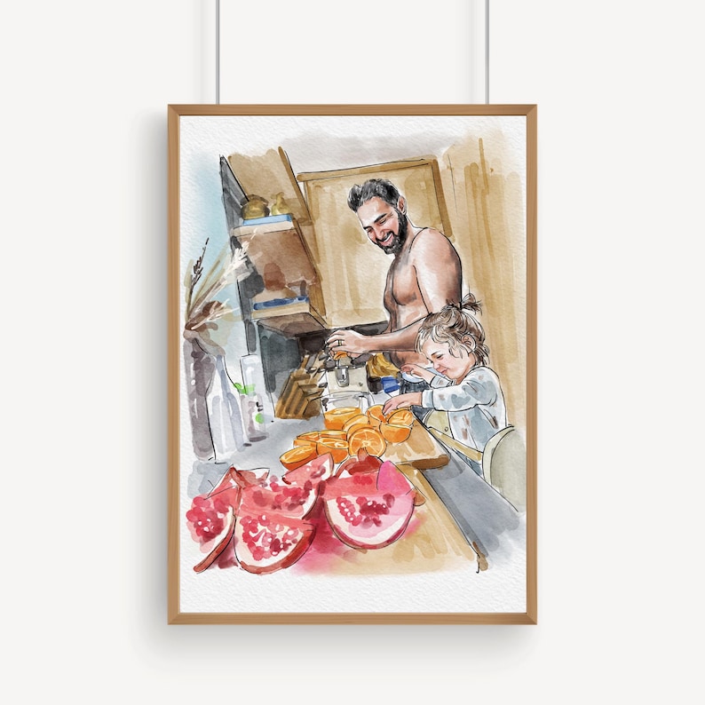 K&ouml;nnte beinhalten: Aquarelldruck eines Mannes und eines Kindes in einer K&uuml;che. Der Mann, ohne Hemd, presst Orangen, w&auml;hrend das Kind an einem Tisch sitzt. Auf dem Tisch liegen geschnittene Granat&auml;pfel und Orangen. Das Kunstwerk ist gerahmt.