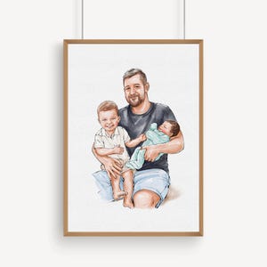 K&ouml;nnte beinhalten: Aquarellportr&auml;t eines Vaters, der zwei Kinder h&auml;lt. Der Vater tr&auml;gt ein schwarzes T-Shirt und blaue Shorts. Ein Kind tr&auml;gt ein wei&szlig;es Hemd und Shorts, das andere ist in eine hellblaue Decke geh&uuml;llt. Das Portr&auml;t befindet sich in einem Holzrahmen.