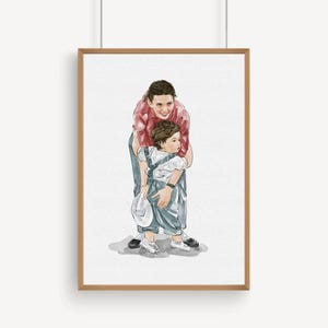 K&ouml;nnte beinhalten: Aquarellportr&auml;t einer Mutter und eines Kindes in einem Holzrahmen. Die Mutter tr&auml;gt ein rotes Hemd und Jeans, umarmt das Kind in blauen Latzhosen und einem wei&szlig;en Hemd. Das Kind h&auml;lt einen wei&szlig;en Hut. Das Kunstwerk befindet sich auf wei&szlig;em Hintergrund.
