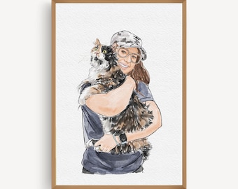 Personalised Portrait with Pet, Watercolor Portrait with Pet, Pet family Drawing from Photo, Owner and Pet Drawing from Photo