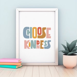 Choisissez l’art mural imprimable de gentillesse, affiche d’affirmation positive pour les enfants, bureau de conseiller, affiche de classe, La gentillesse compte, art de la salle de jeux