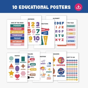 Set Of 10 Educational Posters, Homeschool Prints, ABC Poster, Printable learning posters, Montessori Classroom Decor, Alphabet and numbers