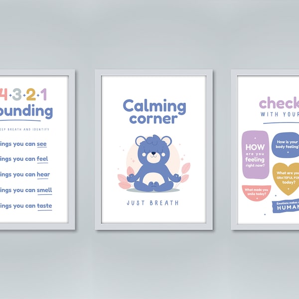 Set of 3 calming corner Wall Art, pastel colors, Educational Posters, calming techniques, classroom decor, homeschool, grounding, emotions