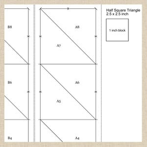 K&ouml;nnte beinhalten: Diagramm eines Half-Square-Triangle-Musters mit Ma&szlig;en. Der Text "Half Square Triangle 2.5 x 2.5 inch" wird angezeigt, zusammen mit einem 2,54 cm Block. Das Muster enth&auml;lt beschriftete Dreiecke und Rechtecke.
