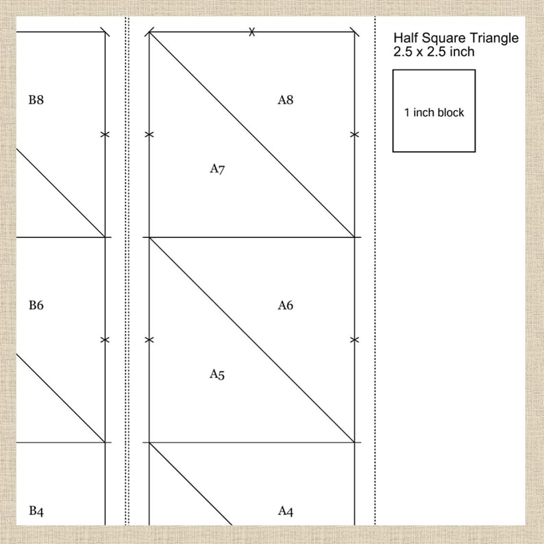 K&ouml;nnte beinhalten: Diagramm eines Half-Square-Triangle-Musters mit Ma&szlig;en. Der Text "Half Square Triangle 2.5 x 2.5 inch" wird angezeigt, zusammen mit einem 2,54 cm Block. Das Muster enth&auml;lt beschriftete Dreiecke und Rechtecke.