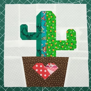 Modello PDF per blocco trapuntato Foundation Paper Piecing, 12 pollici, Cactus fresco con vaso a forma di cuore, modello FPP #PaperPiecingbyJack