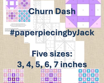 Patrón PDF de bloque de edredón Churn Dash FPP: Paper Piecing fácil. 5 tamaños: 3, 4, 5, 6 y 7 pulgadas.