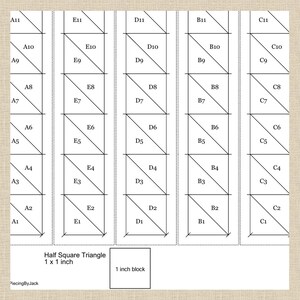 K&ouml;nnte beinhalten: Ein Diagramm f&uuml;r einen Half-Square-Triangle-Quiltblock mit einem Raster von Dreiecken mit den Bezeichnungen A1-E11. Der Text "Half Square Triangle 1 x 1 inch" und "1 inch block" sind ebenfalls vorhanden.