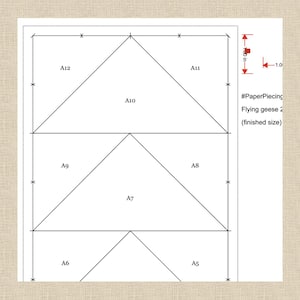 May include: A paper piecing pattern for "Flying geese 2" with sections labelled A5 to A12. The pattern includes measurements in cm and the text "#PaperPiecing" and "(finished size)". The design features multiple triangular shapes.
