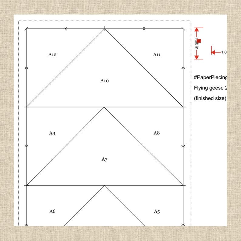 May include: A paper piecing pattern for "Flying geese 2" with sections labelled A5 to A12. The pattern includes measurements in cm and the text "#PaperPiecing" and "(finished size)". The design features multiple triangular shapes.