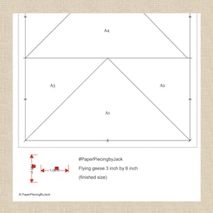 May include: A black and white diagram for a "Flying geese" quilt block, with measurements in inches. The text reads "Flying geese 7.6 cm by 15.2 cm (finished size)" and "#PaperPiecingbyJack".