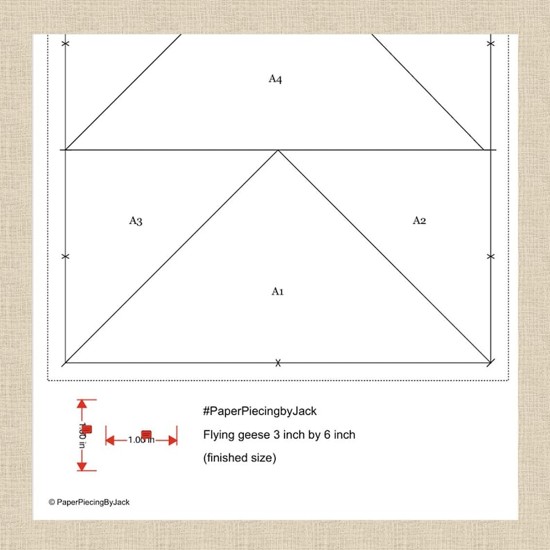 May include: A black and white diagram for a "Flying geese" quilt block, with measurements in inches. The text reads "Flying geese 7.6 cm by 15.2 cm (finished size)" and "#PaperPiecingbyJack".
