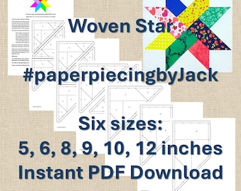 Patrón PDF de bloque de edredón de papel con base de estrella tejida de 5, 6, 8, 9, 10 y 12 pulgadas, juego de edredón, FPP #PaperPiecingbyJack