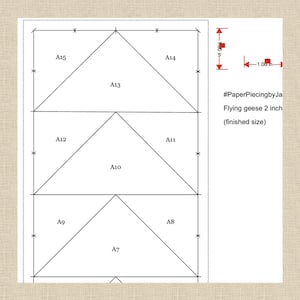 May include: A paper piecing pattern diagram with triangles labeled A7 to A15. The text reads "Flying geese 2 inch (finished size)" and the dimensions are 2.54 cm and 1.27 cm.