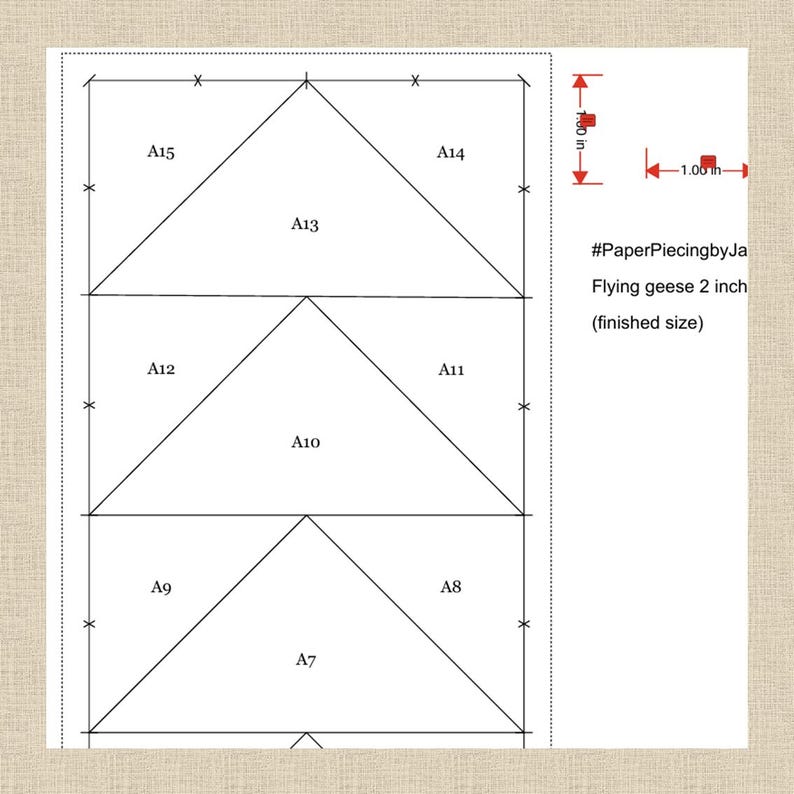 May include: A paper piecing pattern diagram with triangles labeled A7 to A15. The text reads "Flying geese 2 inch (finished size)" and the dimensions are 2.54 cm and 1.27 cm.