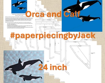 Orca y cría, patrón PDF de descarga instantánea para bloque de patchwork con técnica de papel base, 24 pulgadas, FPP #PaperPiecingbyJack, Killer Whale