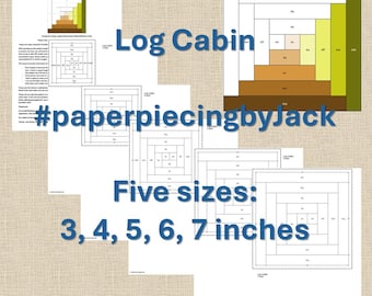 Patrón ACTUALIZADO y gratuito. Patrón PDF de bloque de edredón de cabaña de troncos: Paper piecing fácil. 5 tamaños: 3, 4, 5, 6 y 7 pulgadas (fpp)
