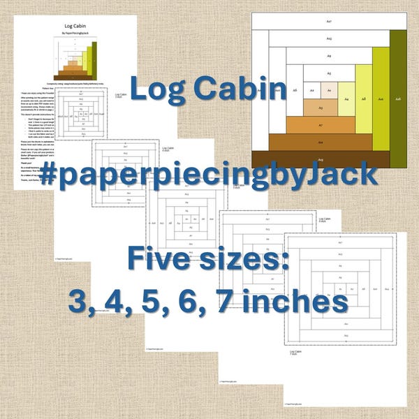 Patrón ACTUALIZADO y gratuito. Patrón PDF de bloque de edredón de cabaña de troncos: Paper piecing fácil. 5 tamaños: 3, 4, 5, 6 y 7 pulgadas (fpp)