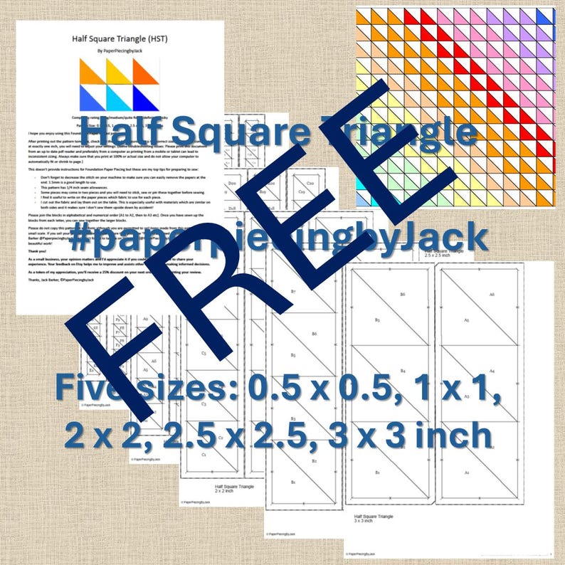 K&ouml;nnte beinhalten: Gedruckte Papiervorlagen f&uuml;r Half-Square-Dreiecke (HST) in f&uuml;nf Gr&ouml;&szlig;en: 1,3 x 1,3 cm, 2,5 x 2,5 cm, 5,1 x 5,1 cm, 6,4 x 6,4 cm und 7,6 x 7,6 cm. Das Bild enth&auml;lt Diagramme und den Text "Half Square Triangle" und "FREE".