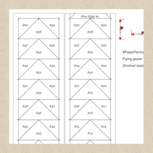 May include: Diagram for paper piecing, featuring a grid of geometric shapes labeled A13 to A60. The design includes triangles and rectangles, with the text "Glue Edge #1" and "Flying geese (finished size)". Measurements are in inches (approx. 2.54 cm).