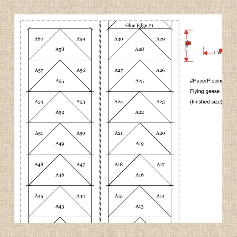 May include: Diagram for paper piecing, featuring a grid of geometric shapes labeled A13 to A60. The design includes triangles and rectangles, with the text "Glue Edge #1" and "Flying geese (finished size)". Measurements are in inches (approx. 2.54 cm).