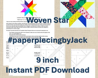 Patrón PDF de bloque de edredón de papel con base de estrella tejida de 9 pulgadas, juego de edredón, FPP #PaperPiecingbyJack
