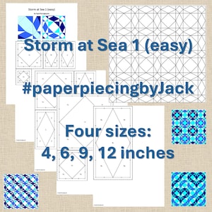 Może przedstawiać: Zestaw wykrojów do szycia na papierze "Storm at Sea 1 (łatwy)" z hashtagiem #paperpiecingbyJack. Wzory są dostępne w czterech rozmiarach: 10, 15, 23 i 30 cm. Projekty przedstawiają geometryczne kształty w odcieniach niebieskiego i białego.