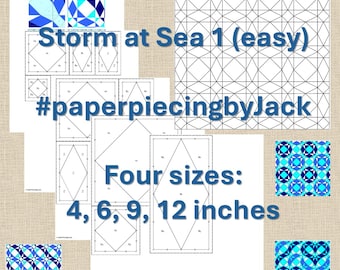 Patrón PDF de bloque de edredón Storm at Sea 1 FPP: Paper Piecing fácil. 4 tamaños: 4, 6, 9 y 12 pulgadas.