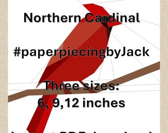 Patrón PDF FPP para bloque de colcha Northern Cardinal: 6, 9 y 12 pulgadas.