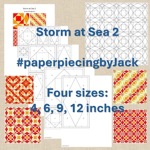 Puede incluir: Patrones de costura en papel "Storm at Sea 2" de #paperpiecingbyJack. La imagen muestra varios diseños y diagramas, incluyendo bloques de edredón terminados en rojo, naranja y amarillo. Los patrones están disponibles en cuatro tamaños: 10, 15, 23 y 30 cm.