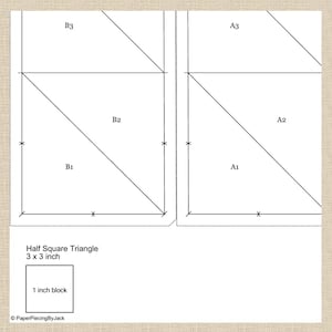 K&ouml;nnte beinhalten: Ein Diagramm f&uuml;r einen Half-Square-Triangle-Quiltblock mit dem Text "Half Square Triangle 3 x 3 inch" und "1 inch block". Das Diagramm ist in die Abschnitte A1, A2, A3, B1, B2 und B3 unterteilt, mit gestrichelten Linien und Ma&szlig;en in Zoll.