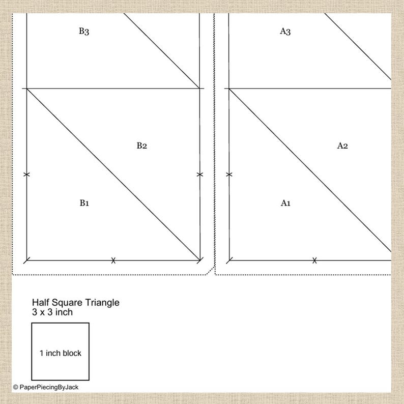 K&ouml;nnte beinhalten: Ein Diagramm f&uuml;r einen Half-Square-Triangle-Quiltblock mit dem Text "Half Square Triangle 3 x 3 inch" und "1 inch block". Das Diagramm ist in die Abschnitte A1, A2, A3, B1, B2 und B3 unterteilt, mit gestrichelten Linien und Ma&szlig;en in Zoll.