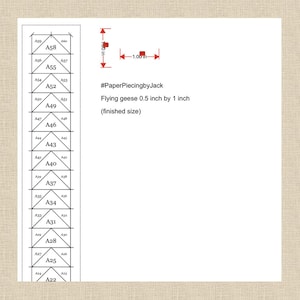 May include: Diagram of a paper piecing pattern for flying geese, with dimensions of 1.27 cm by 2.54 cm. The diagram includes a series of triangles labeled A22 to A60, with measurements in inches. Text on the image reads "#PaperPiecingbyJack".