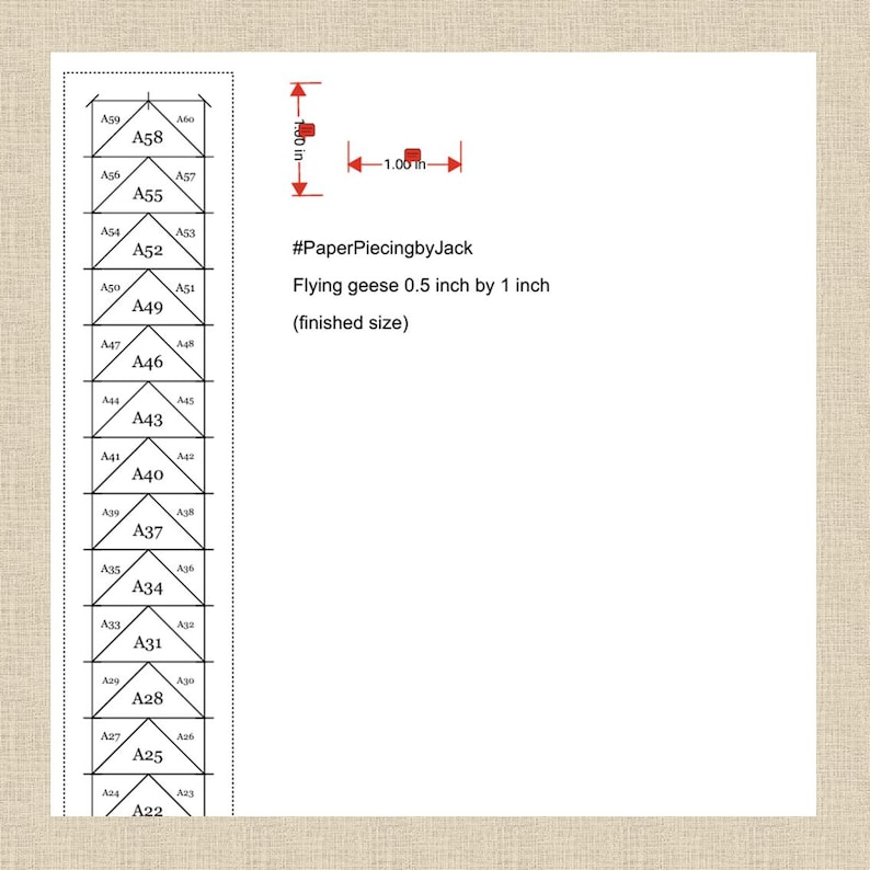 May include: Diagram of a paper piecing pattern for flying geese, with dimensions of 1.27 cm by 2.54 cm. The diagram includes a series of triangles labeled A22 to A60, with measurements in inches. Text on the image reads "#PaperPiecingbyJack".