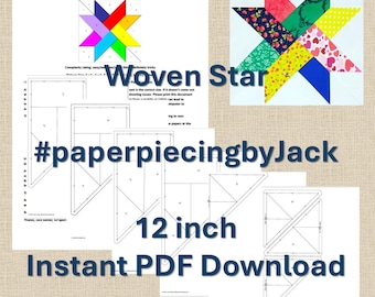 Patrón PDF de bloque de edredón de papel con base de estrella tejida de 12 pulgadas, juego de edredón, FPP #PaperPiecingbyJack