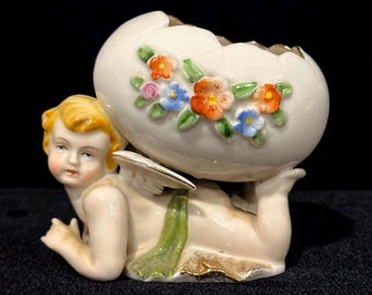 Vintage Napco Cherub Holding Flowered Egg Planter/Vase