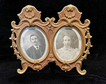 Antique Ornate Double Oval Brass Tabletop Picture Frame