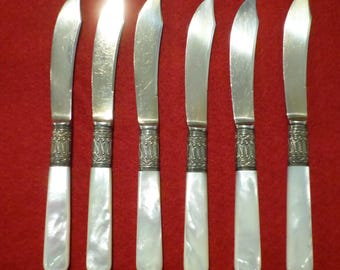 Set of 6 antique 19th century sterling silver ornate repousse band with Mother of pearl handle fruit knives.