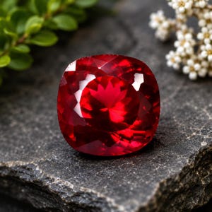 May include: A vibrant, cushion-cut ruby gemstone. The deep red gem sits on a dark grey, textured surface, with green foliage and white flowers in the background. The ruby's facets reflect light, creating a brilliant display.