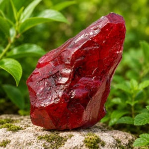 May include: A raw, uncut ruby gemstone with a deep red color. The surface of the stone is rough and textured, with a glossy sheen. The ruby is set against a natural background of green foliage and a stone surface.