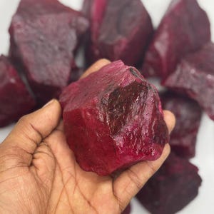 Op de afbeelding: Een hand die een grote, ruwe robijn vasthoudt, met zijn dieprode kleur en natuurlijke textuur. Andere ongeslepen robijnen zijn zichtbaar op de achtergrond, wat wijst op een verzameling ruwe edelstenen. De afbeelding benadrukt de ruwe schoonheid van het mineraal.