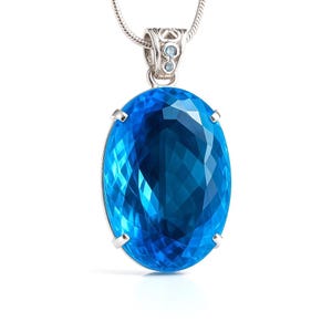 Certified 85 Ct Natural Brazilian Blue Topaz Pendant | Oval Cut Gemstone 925 Sterling Silver | November Birthstone Jewelry Gift for Her