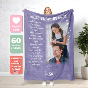 Personalized Memorial Dad Blanket, In Memory Of Photo, Blanket Gift For Loss Of Dad, Sympathy Blankets, Hugs From Heaven Blanket, Xmas Gift