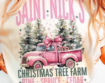 Coquette Pink Christmas Png, Saint Nicks Christmas Tree Farm Png, Pink Bow Christmas Png, Trendy Santa Png, Christmas Sublimation