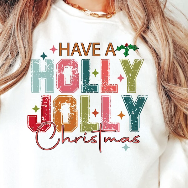 Retro Holly Jolly Christmas SVG PNG, Christmas Sublimation, Colorful Holiday T-Shirt Design, Groovy Winter Dtf Dtg Screen Transfer